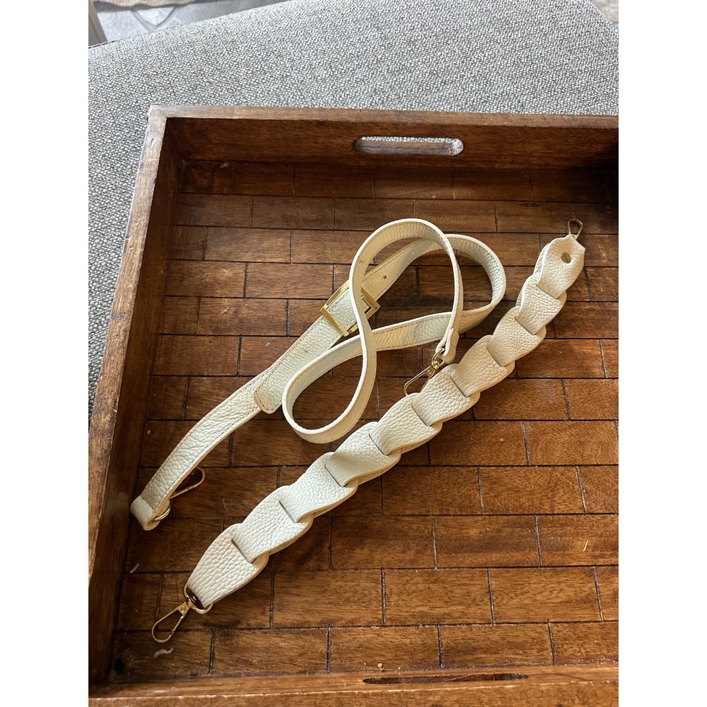 Cream Pebbled‎ Leather Handbag Straps Set Braided & Adjustable Gold Hardware